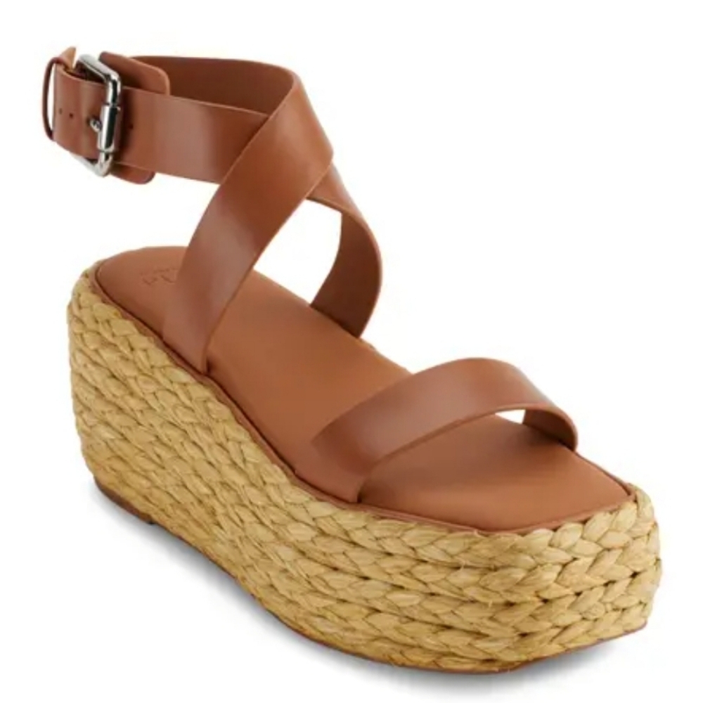 Donna Karan Lolah Tan/Camel Ankle Strap Raffia Platform Sandal NWT